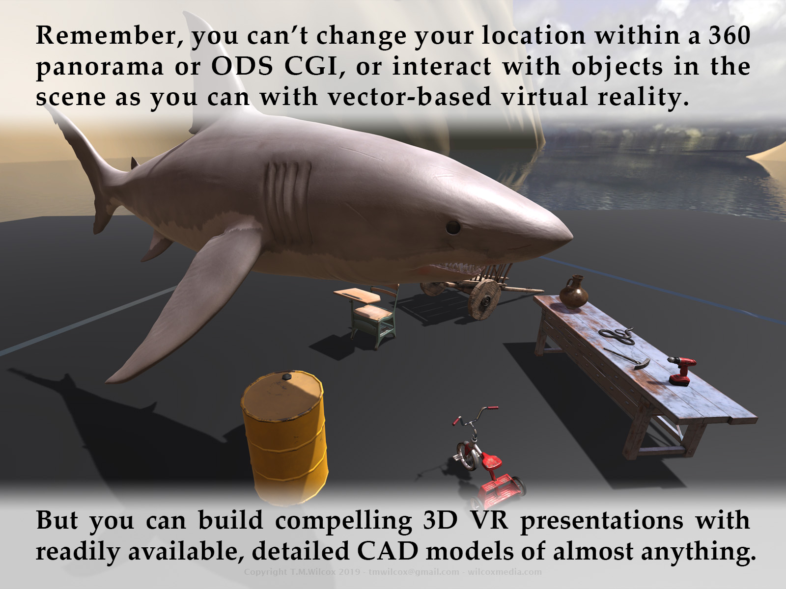 Remember, you can’t change your location within a 360 panorama or ODS CGI, or interact with objects in the scene as you can with vector-based virtual reality. But you can build compelling 3D VR presentations with readily available, detailed CAD models of almost anything.